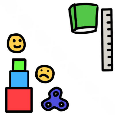 on the left side is are a happy and sad face, representing behaviour management, a pile of blocks, representing simplistic lessons, and a fidget spinner, represent supports. on the right side is a book, representing curriculum, and a ruler, representing standardised assessments and expectations. the two aren't mixed, but there isn't a barrier between them.